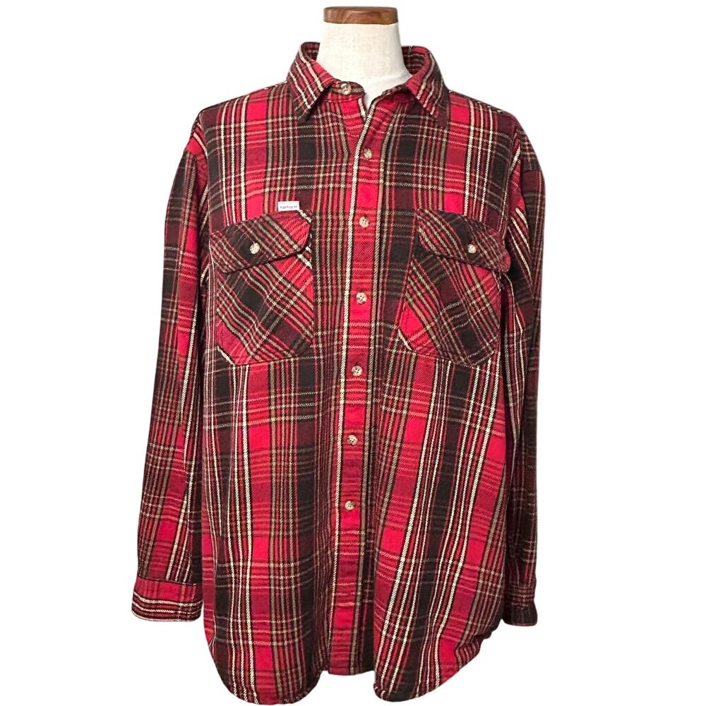 Vintage Carhartt Red Plaid Heavyweight Flannel Shirt XXL 90s Workwear Shacket